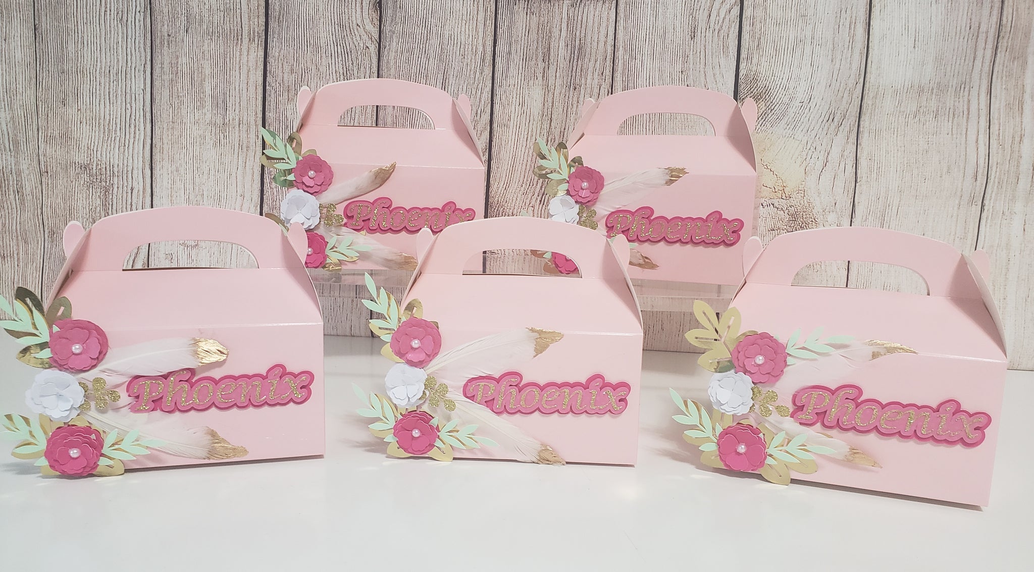 Flowers and feathers pink favor boxes